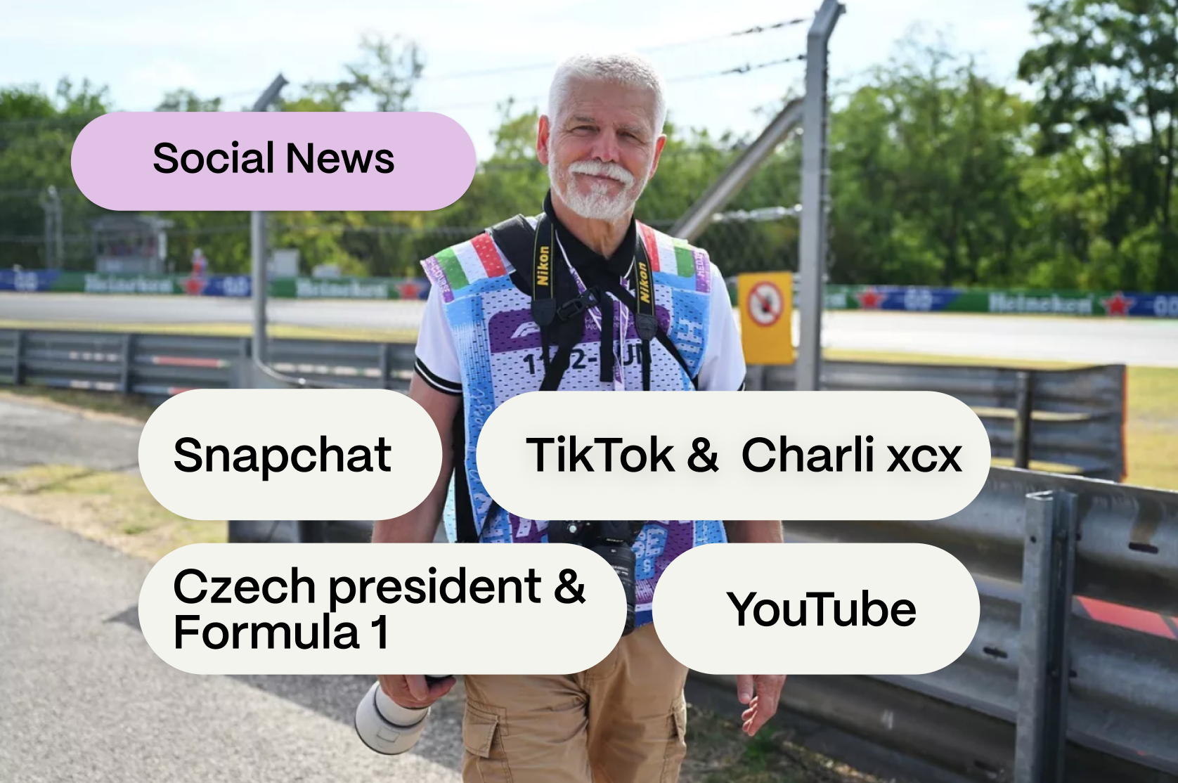 El presidente checo conquista las redes de la F1 como fotógrafo, Snapchat se asocia con Spotify y TikTok colabora con Charli xcx